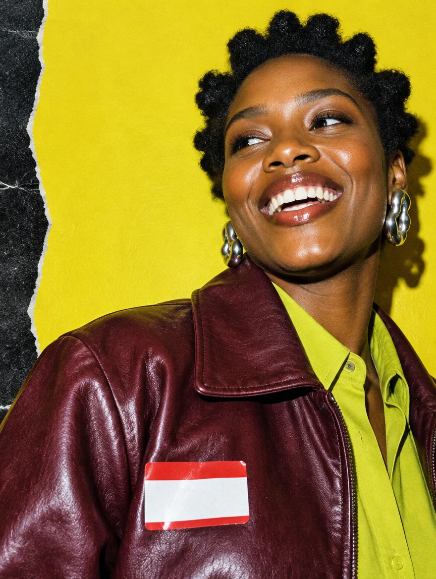 Campaign artwork: a woman laughing in a burgundy jacket against an acid-yellow backdrop